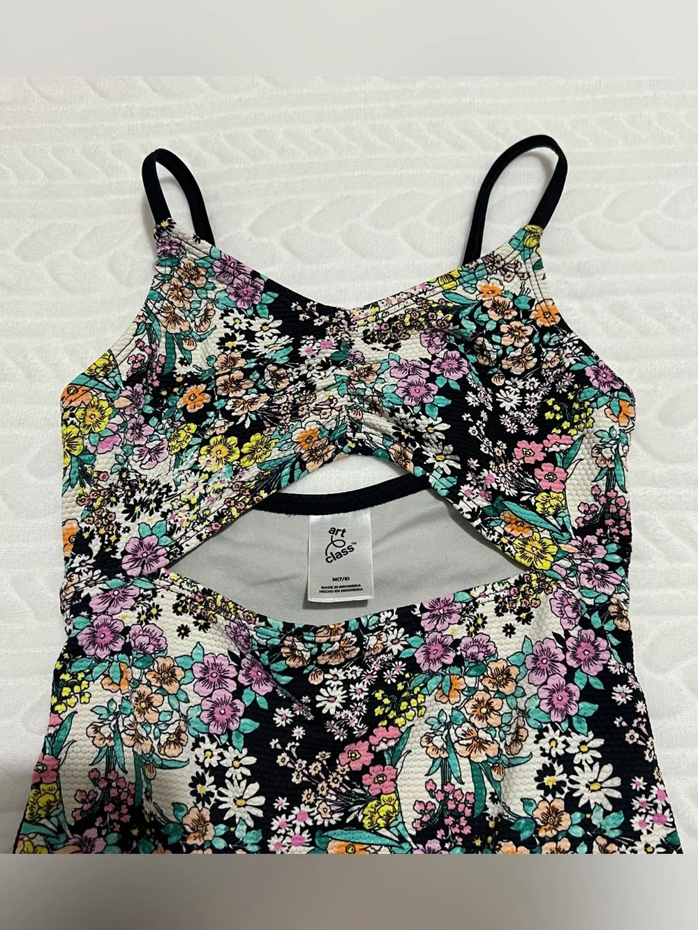 💗 Art Class - Girls Black Floral Cutout Swimsuit with Pink, Yellow, Teal Flowers